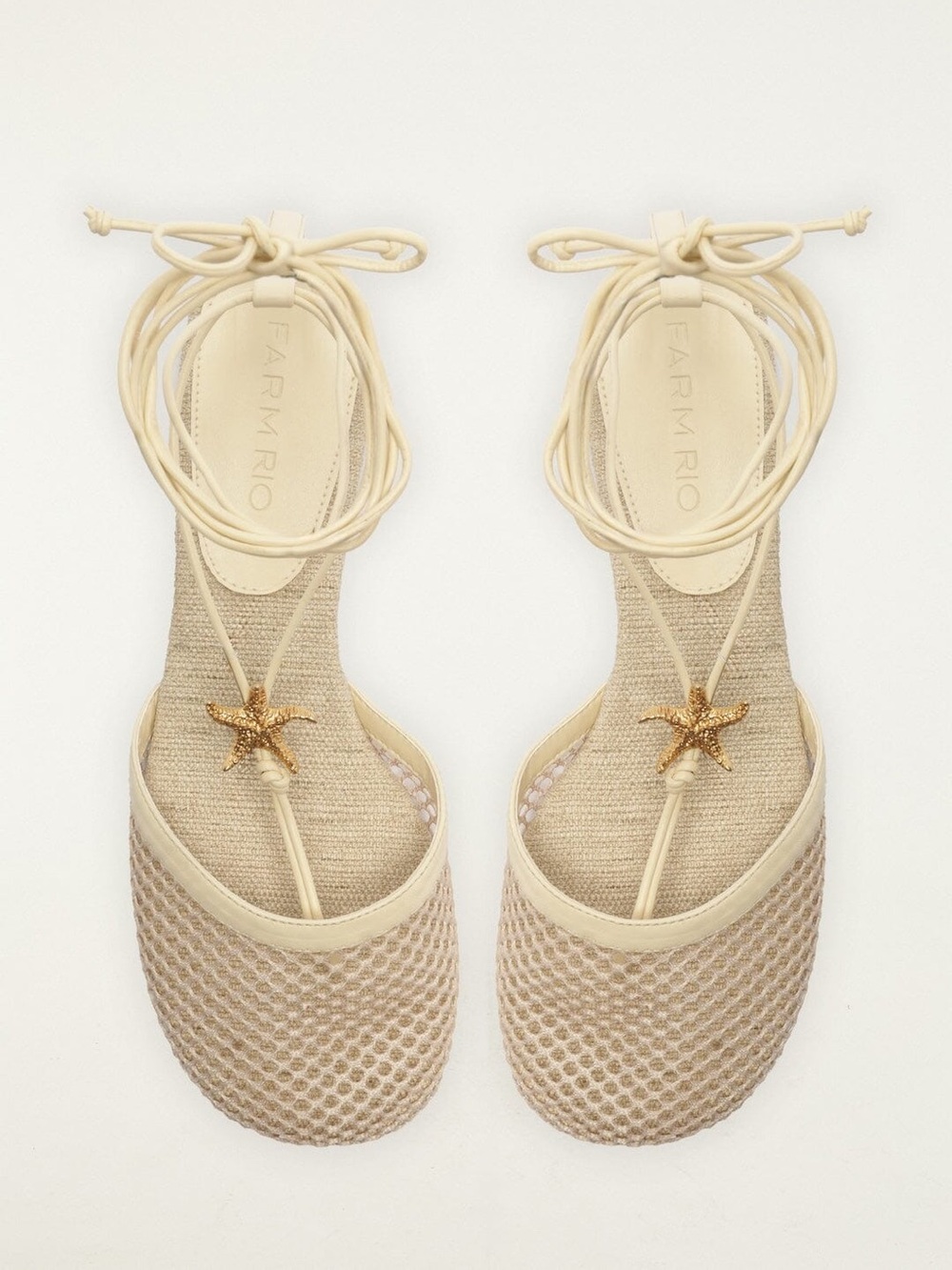 FARM Rio Sea Lace Up Mule Cream Starfish Mesh Flats 9 Coastal Boho Greek NWOT